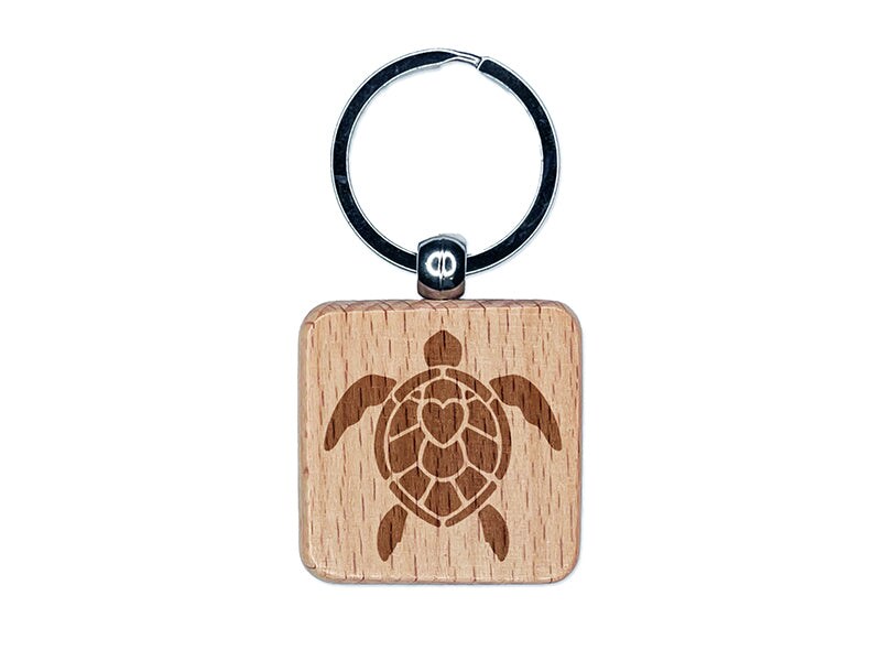 Sea Turtle Heart in Shell Engraved Wood Square Keychain Tag Charm