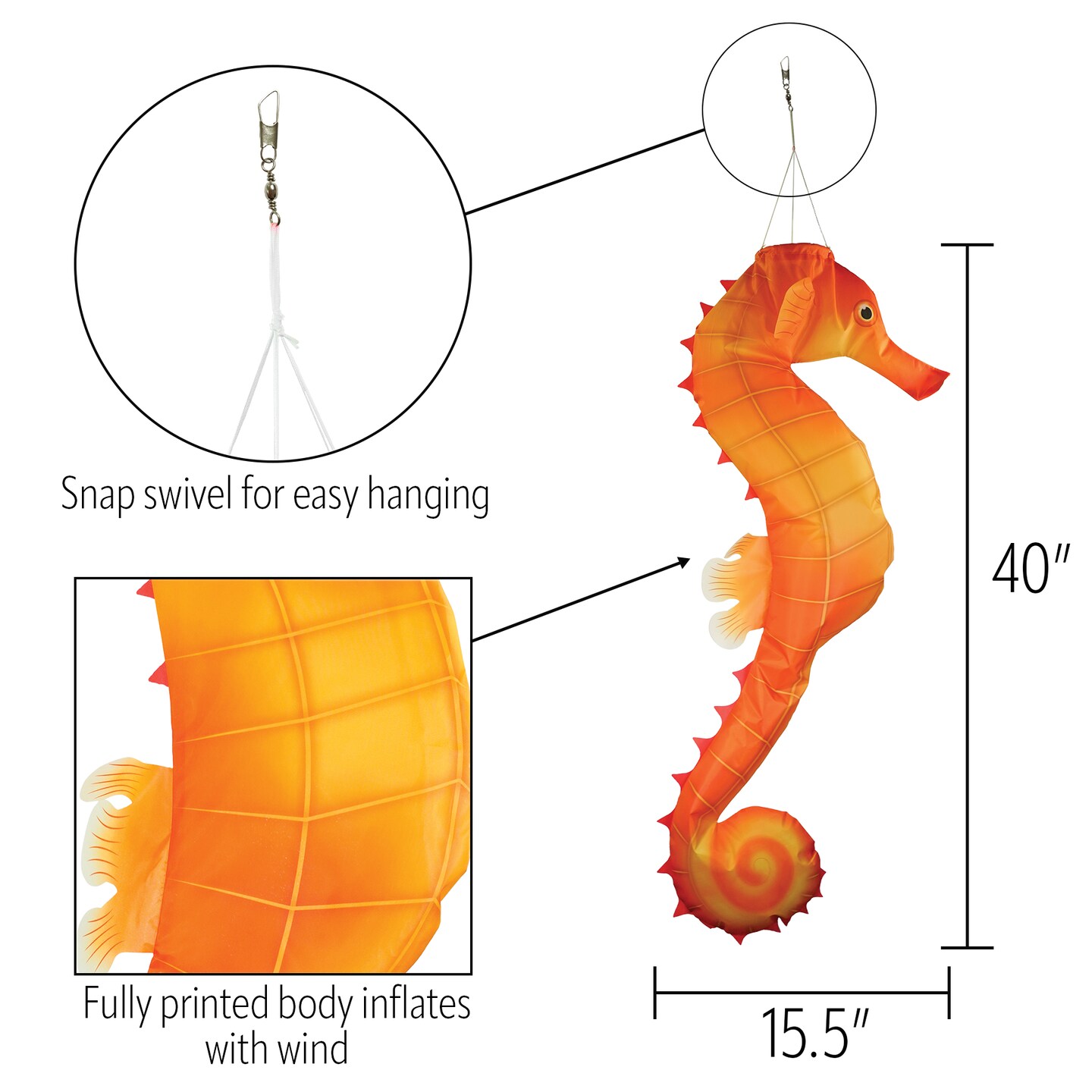 In the Breeze 5207 &#x2014; 40-inch Seahorse 3D Windsock &#x2014; Realistic Sea Life Windsock for Homes, Gardens, Classrooms with Brightly Printed Graphics