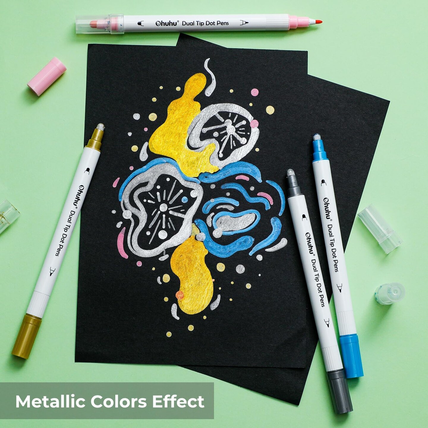 Ohuhu Dual Tip Dot Markers: 15 Colors Dot Marker Pens (Fine & Dot) for Kids Adults Water-Based Ink Metallic & Regular Colors Dot Pens for Journaling Scrapbooking DIY Highlighting Drawing Markers