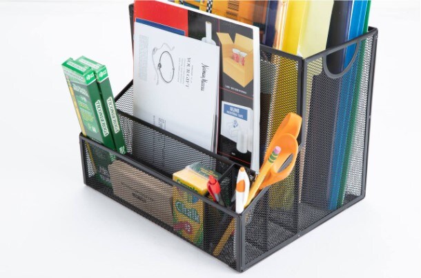 Network Collection, 4-Compartment Desktop Organizer, Vertical File Storage, Letter Size, Document Holder, 3 Accessory Storage Compartments, Metal Mesh, 12.15" L x 9.5" W x 9.5" H, Black