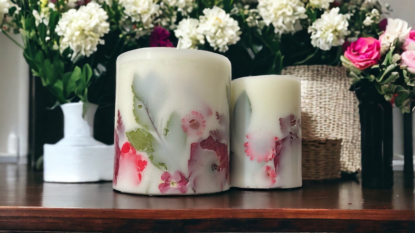  Set of Five Pressed Flower Candles in White : Home