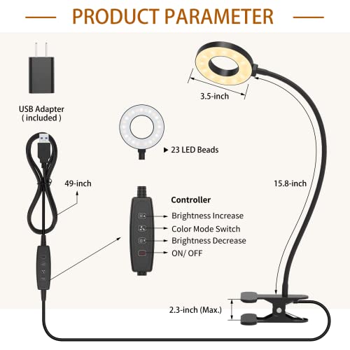 iZELL Desk Lamp, [3 Color Modes &#x26; 10 Brightness] LED Reading Light with Clamp, Flexible Gooseneck Book Light for Kids Reading Book in Bed at Night Clip on Table, Headboard, Dorm - 15.8&#x2018;&#x2019; Black
