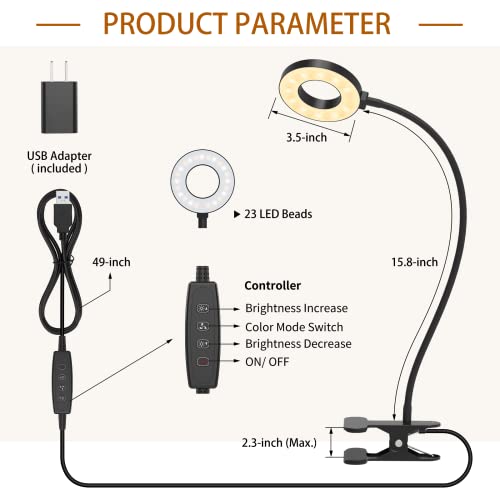 Desk Lamp, [3 Color Modes &#x26; 10 Brightness] LED Reading Light with Clamp, Flexible Gooseneck Book Light for Kids Reading Book in Bed at Night Clip on Table, Headboard, Dorm - 15.8&#x2018;&#x2019; Black