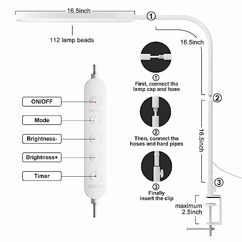 Desk Lamp for Office Home- 34" LED Desk Light - Touch Control - 5 Color Modes X 11 Brightness Levels - 1300ML(112 Pcs Lamp Beads) - Timmer & Memory Function - 12W Clip On Light - White