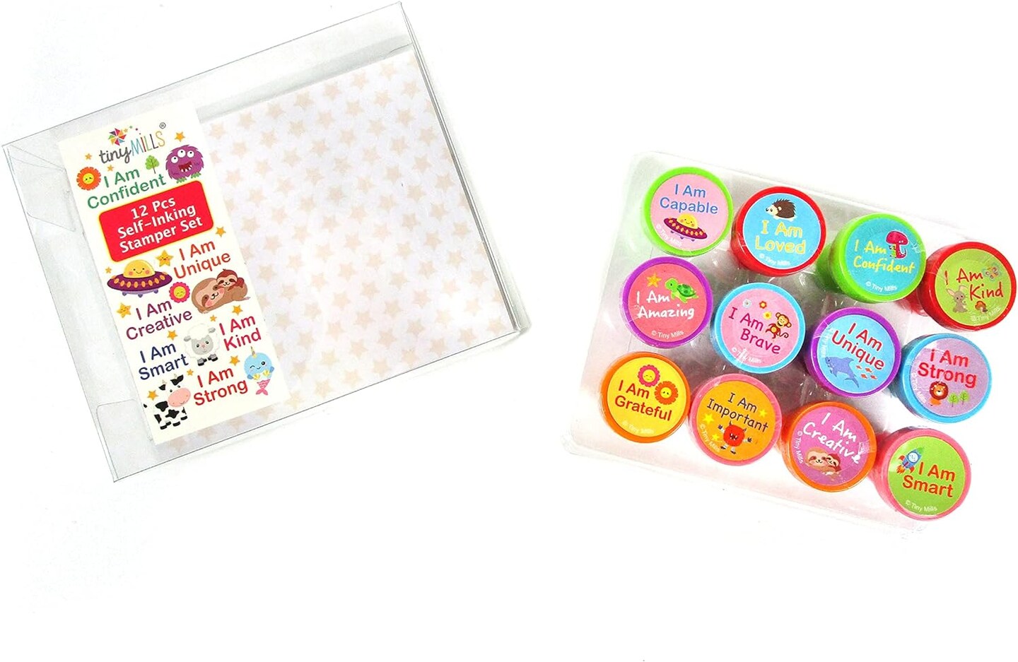 TINYMILLS 12 Pcs Positive Affirmation Stamp Kit for Kids - Positive Mindfulness Self Inking Stamps