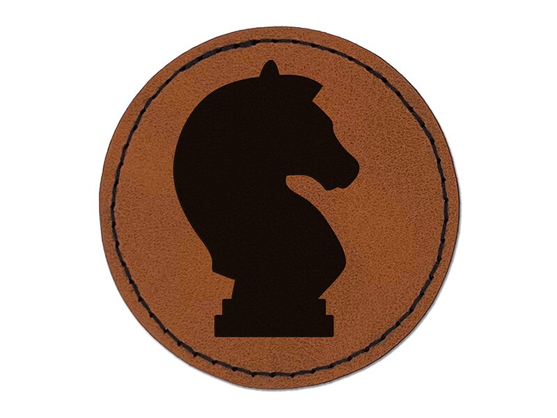Chess Knight Piece Round Iron-On Engraved Faux Leather Patch Applique - 2.5&#x22;