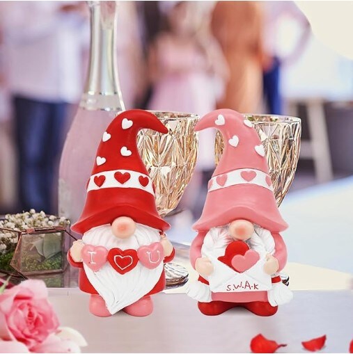 Decorations for Valentine&#x27;s Day Gnomes Resin Valentines Gnomes Gift for Her - Tiered Tray Decor for Valentines Day - Pink Love Valentine Mantle, Table Shelf Display
