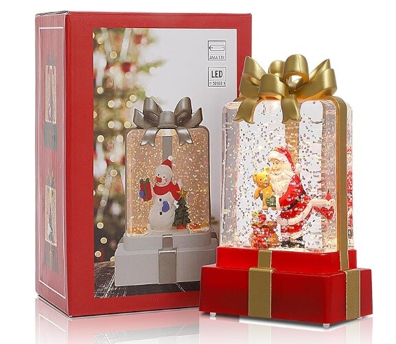 Battery-Operated Christmas Decorations, Christmas Snow Globe Lighted Water Lantern Decorative Gift Box with Swirling Glitter and Santa Claus