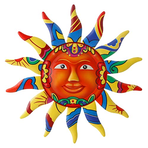 VEWOGARDEN 12.7 Inches Metal Sun Wall Art Decor Hanging for Indoor Outdoor Home Garden Colorful Sun Face Sculptures &#x26; Statues Yellow