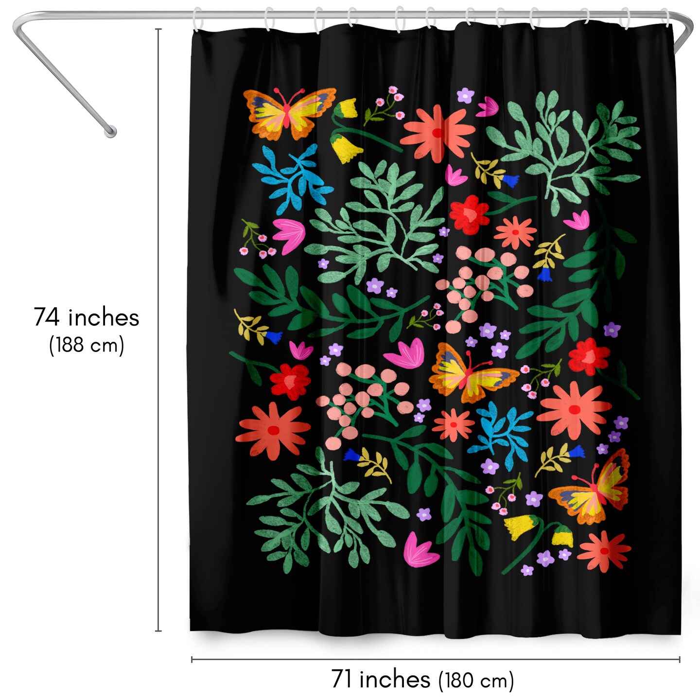 Flowers In My Garden Black by Studio Grand-P&#xE8;re Shower Curtain 71&#x22; x 74&#x22;