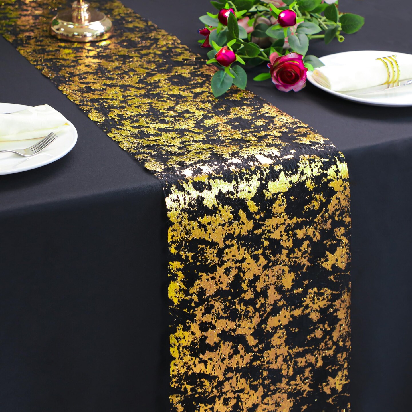 49 Feet 588 inches Black and Gold Table Runner Sparkly Golden Metallic Foil Runners Decorations Glitter for Wedding Christmas Thanksgiving Anniversary Party Birthday by Snowkingdom
