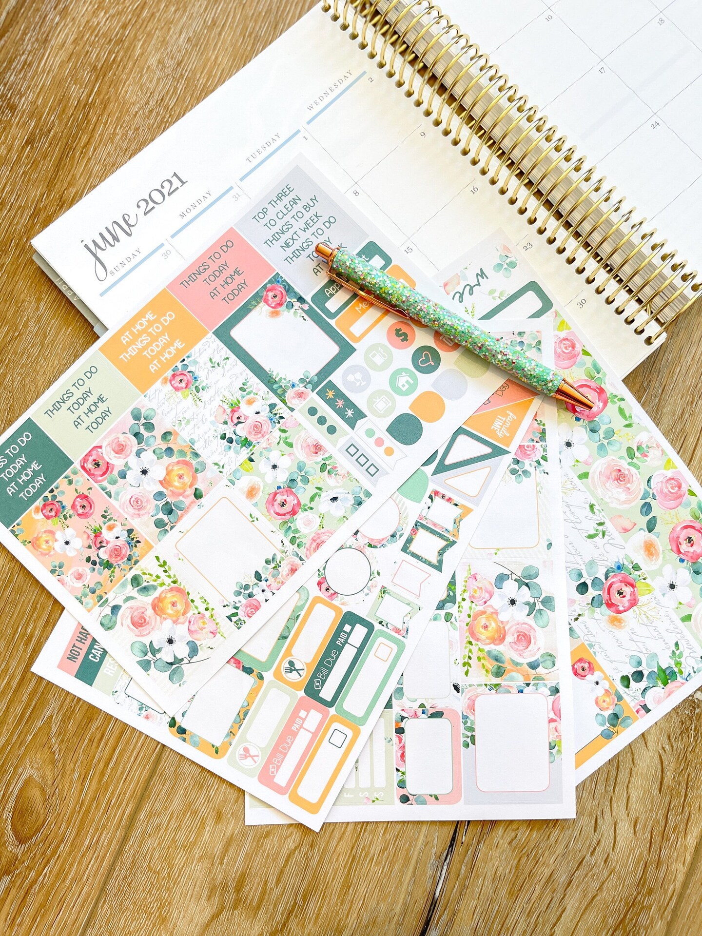 Peaches, Lemonade &#x26; Neutral Spring Floral Themed Box of Planner Stickers &#x26; Accessories (#SUB2021006)