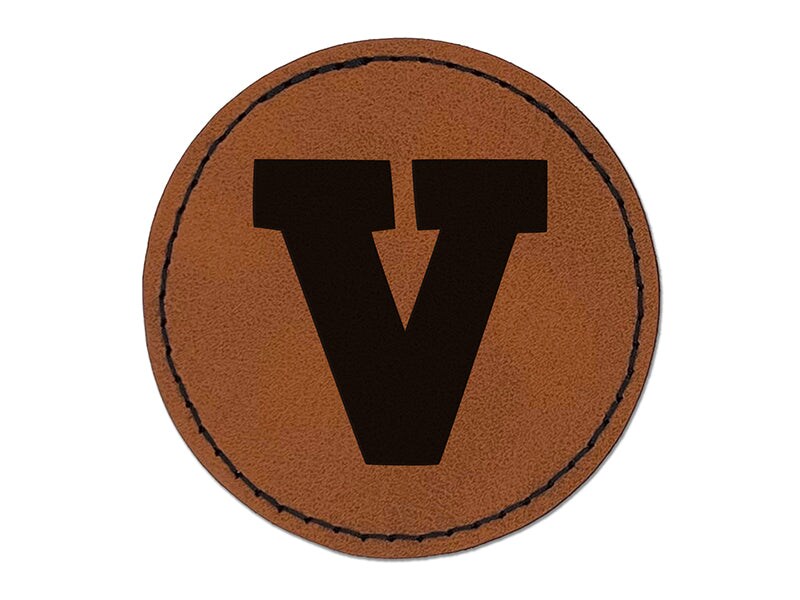 Letter V Uppercase Fun Bold Font Round Iron-On Engraved Faux Leather Patch Applique - 2.5&#x22;