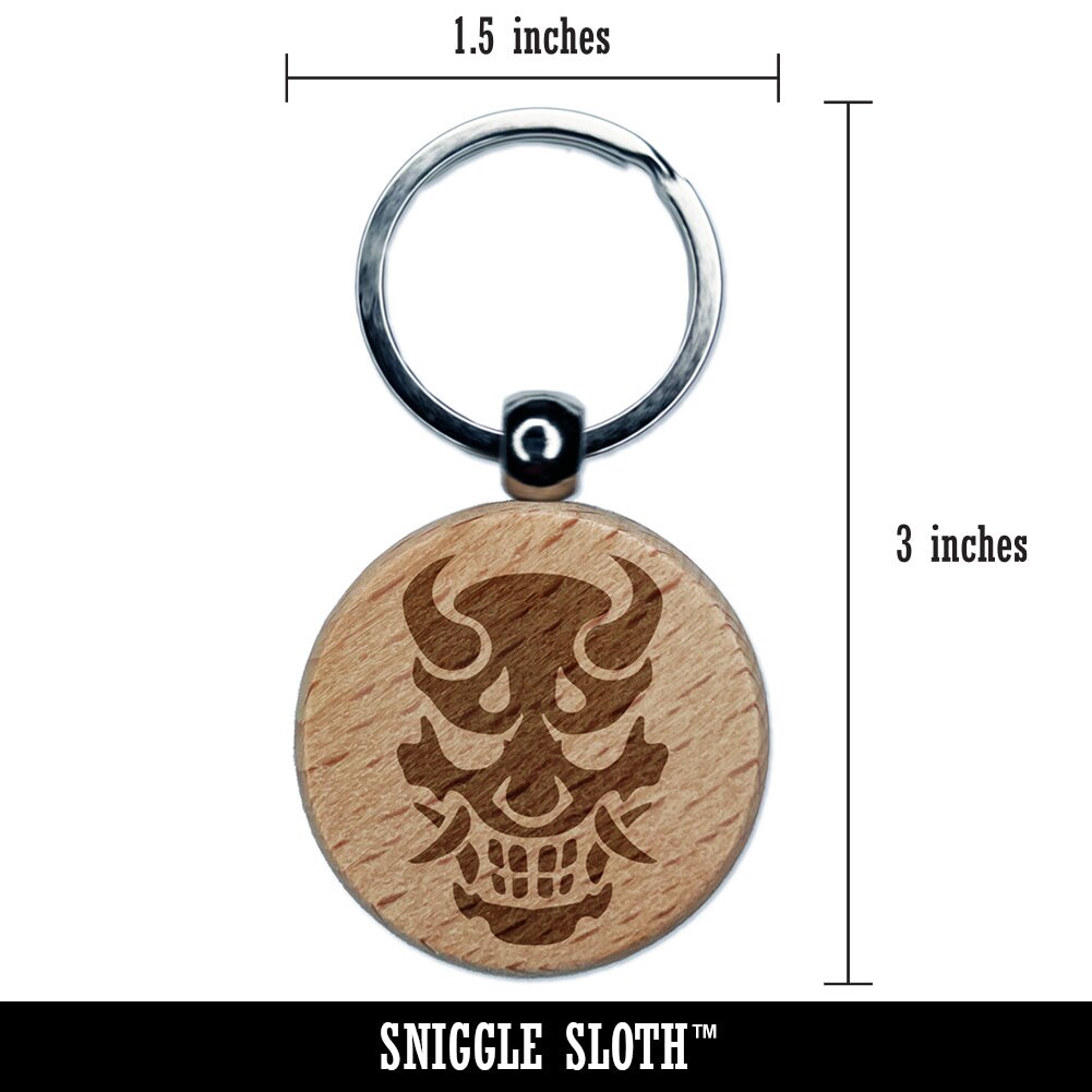 Oni Japanese Demon Mask Engraved Wood Round Keychain Tag Charm