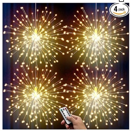 4 Pack Fireworks Lights Starburst Lights 8 Modes 120 LED Battery Operated Chandelier Star Lights with Remote Control, Hanging Ceiling Decor for Bedroom, Yard, Patio, Party and Christmas Decorations