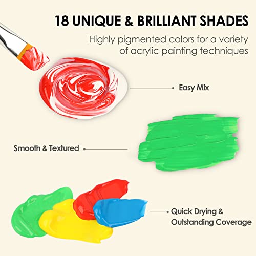Acrylic Paint Set with 10 Brushes, 18 Colors(59ml, 2 oz) Art Craft Paint Non Toxic, Perfect for Hobby Painters, Artist, Adults, Ideal for Canvas Wood Ceramic Paint Supplies
