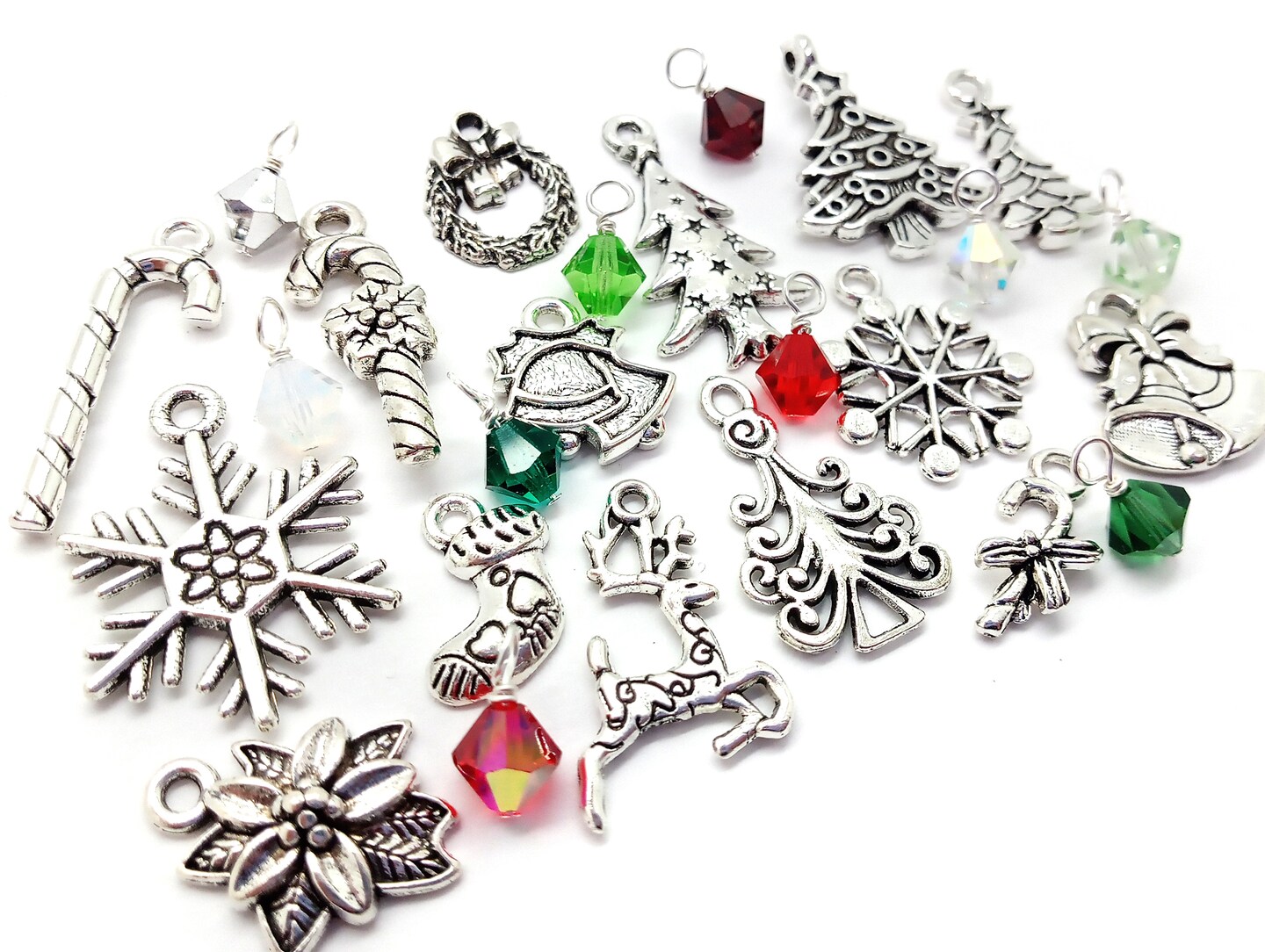 Christmas Charms, Metal Charms with Crystal Bead Dangles, 25 piece  Assortment, Adorabilities