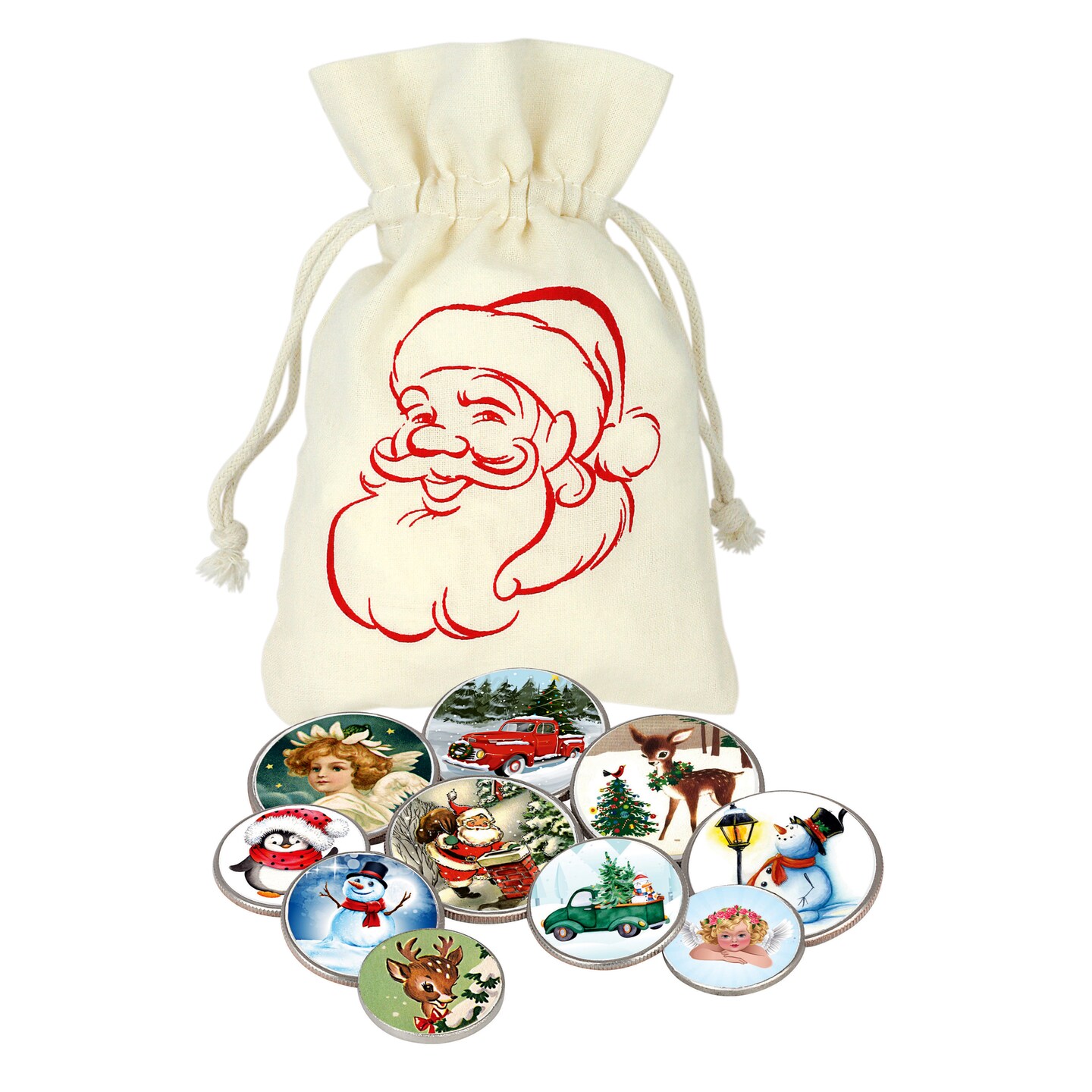 Vintage Christmas Colorized Coins in Santa Canvasbag