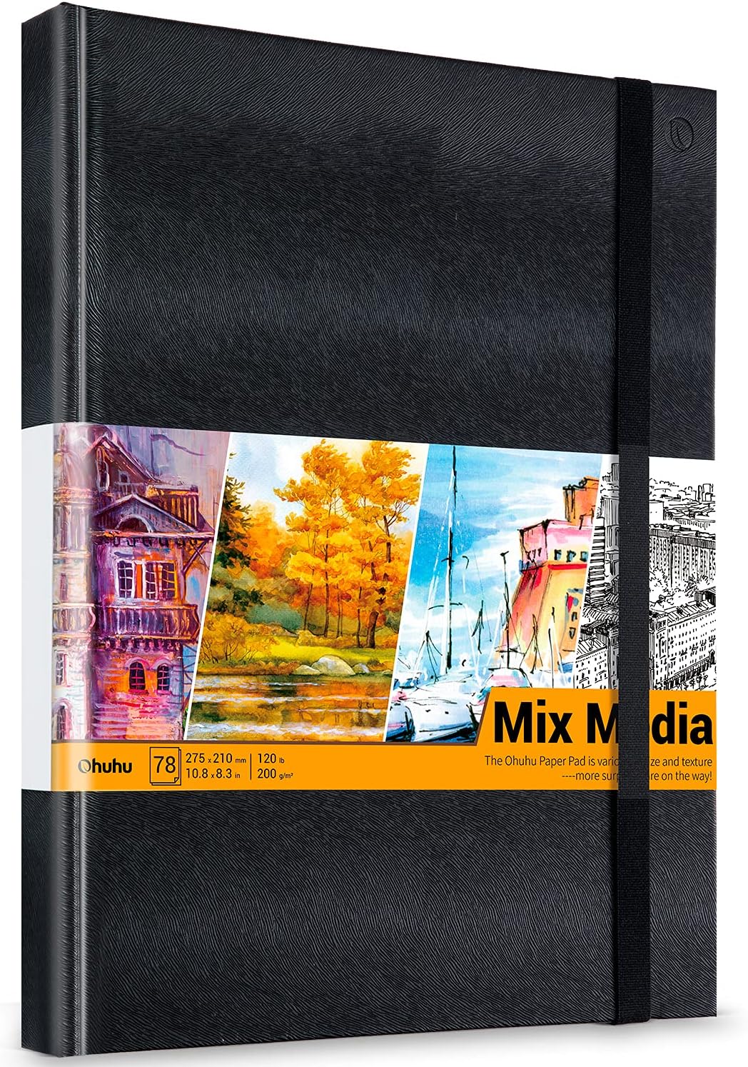Mix Media Pad, Ohuhu Mixed Media Art Sketchbook, 120 LB/200 GSM Heavyweight Papers, 78 Sheets/156 Pages, PU Hardcover Mixed Media Paper Pad for Acrylic, Painting Christmas Gift