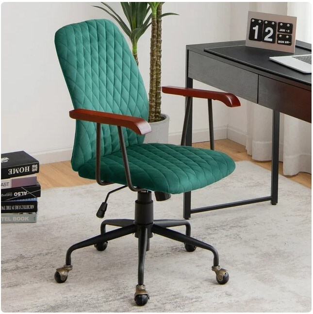 Swivel Adjustable Task Chair with Wooden Armrest Green Velvet Home Office Chair