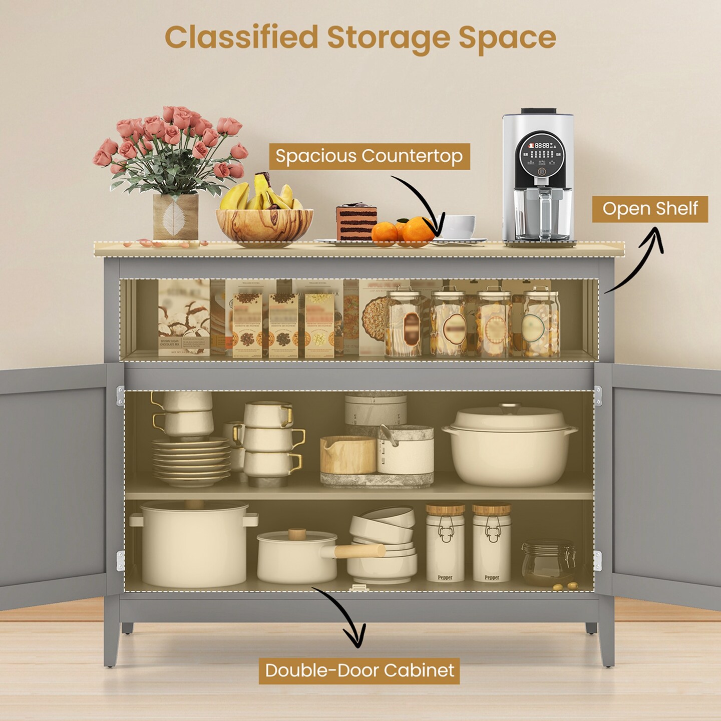 Costway Costway Kitchen Sideboard Buffet Server Cupboard Storage Cabinet with 2 Doors Grey