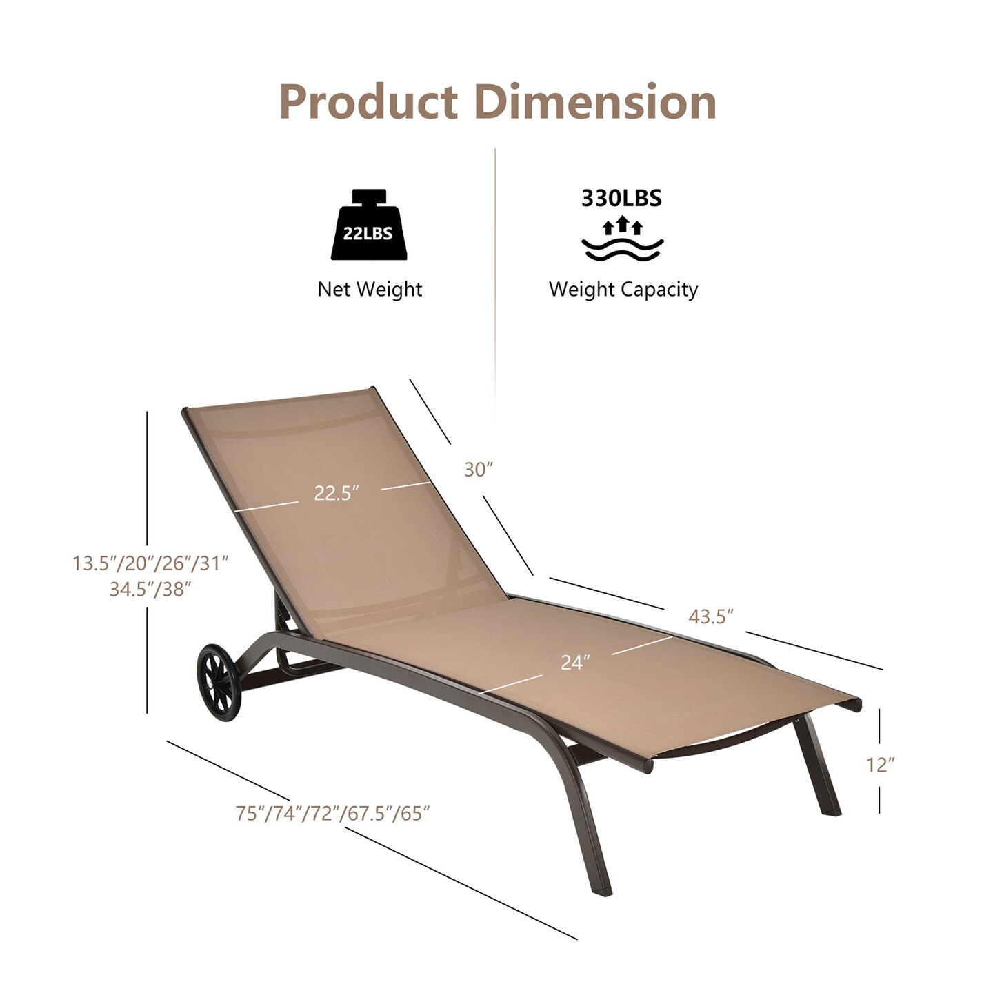 Costway Outdoor Adjustable Chaise Lounge Patio 6-Position Recliner with Wheels