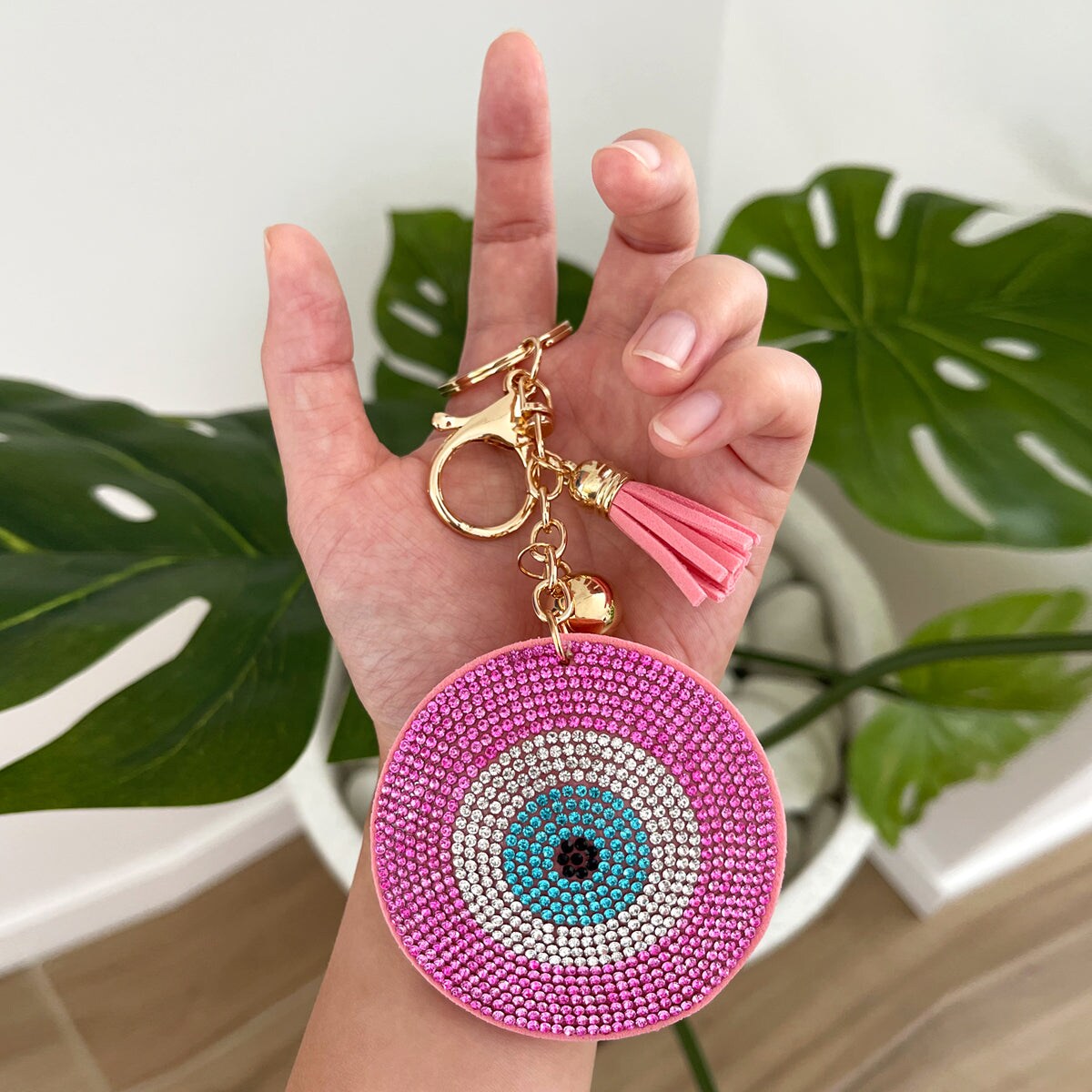 Wrapables Crystal Bling Key Chain Keyring with Tassel Car Purse Handbag Pendant, Pink Evil Eye