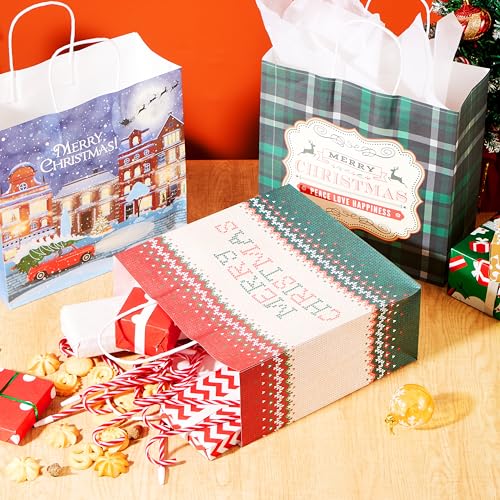 JOYIN 24 Pcs Christmas Kraft Paper Gift Bags with Twine Handles, 12 X 12 X 5&#x27;&#x27; Large Xmas Gift Bags with 12 Designs for Holiday Present Wrapping, Christmas Goodie Bags, Xmas Goody Bags Party Supplies