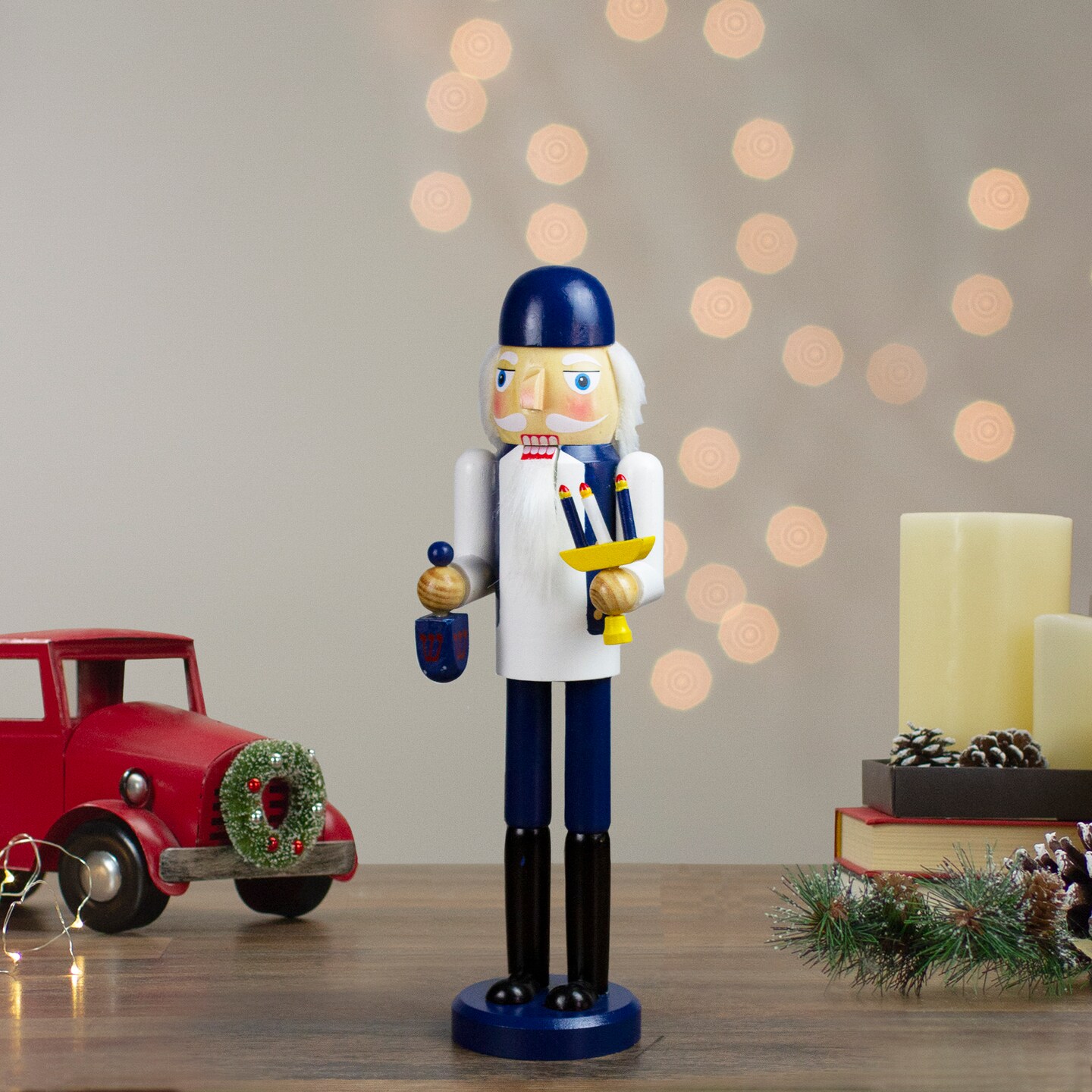 Northlight 14&#x22; Blue and White Wooden Hanukkah Nutcracker with Dreidel and Menorah