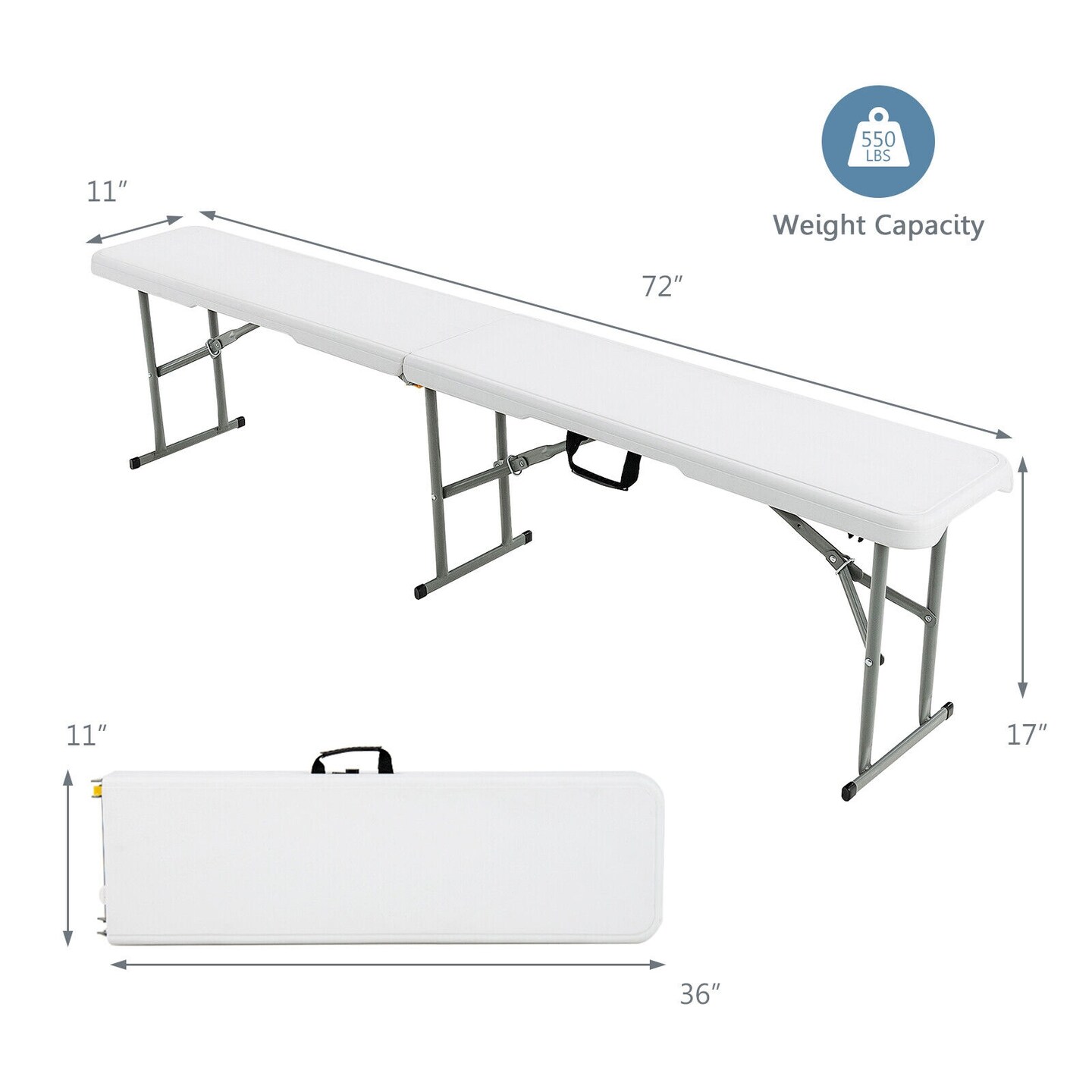 White Grey HDPE Iron Folding Bench Portable Outdoor Indoor Picnic Camping 550 lbs