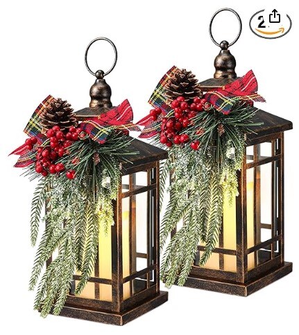 LED Christmas Lantern with Plaid Bow 14" Christmas Candle Lantern Flashing Candle Light Christmas Decorative Lanterns for Xmas Indoor Outdoor Party Decor (Bronze, Black Red Plaid, 2)