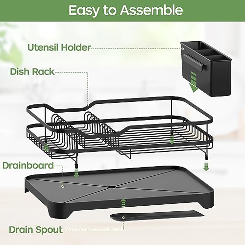 16.9&#x22;(L) x 12.2&#x22;(W), Black Dish Drying Rack, Stainless Steel Rustproof Dish Rack for Kitchen Counter, Durable Dish Drainer with Drainboard, Drainage, Utensil Holder for Various Kitchenware