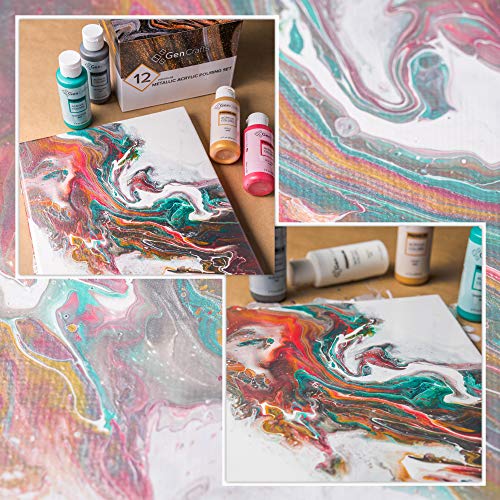 Metallic Acrylic Pouring Paint Set of 12 Metallic Colors - Pre-Mixed High Flow &#x26; Ready to Pour - 2 oz./59 ml Bottles - Multi-Purpose Paints for Canvas &#x26; Paper, Rocks, Wood