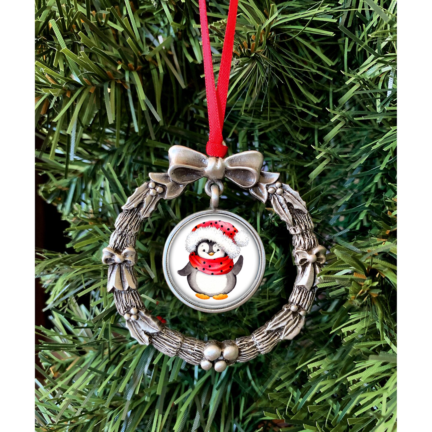 Wreath Ornament With Colorized Quarter Penguin Coin