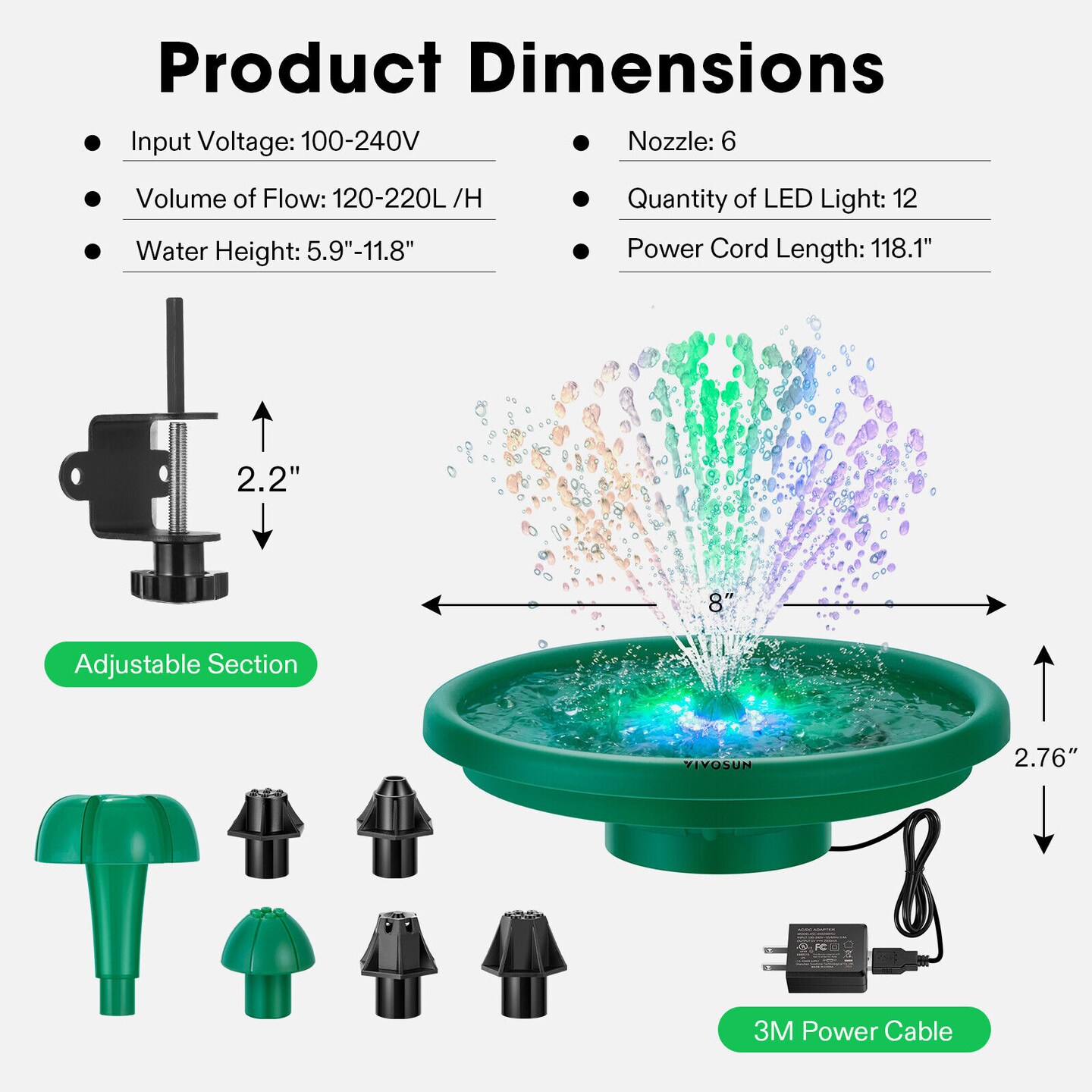 VIVOSUN Powered Fountain Set with 12 Colorful LED Light