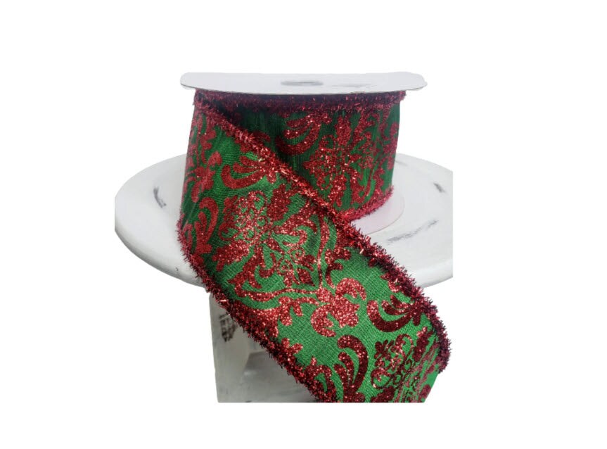 2.5&#x22;x10YD Bold Damask Red/Green Dupioni Tinsel Wired Christmas Ribbon