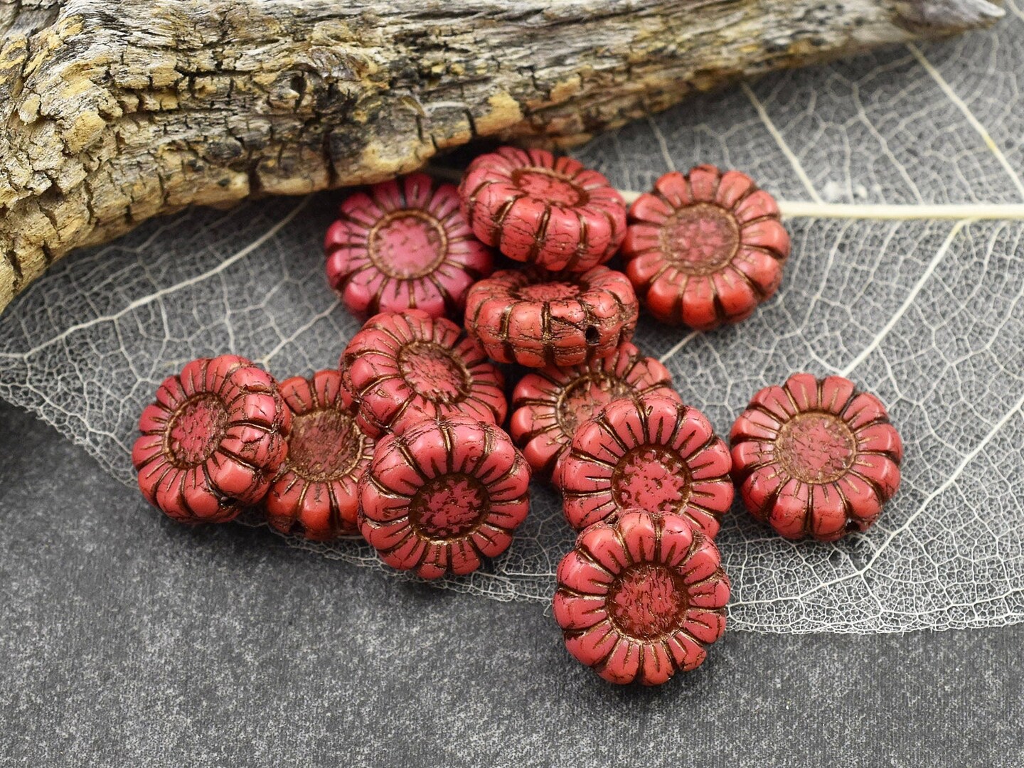 12mm Sunflower Coin Beads - Red with Bronze Wash - 6 or 12 Beads –  funkyprettybeads