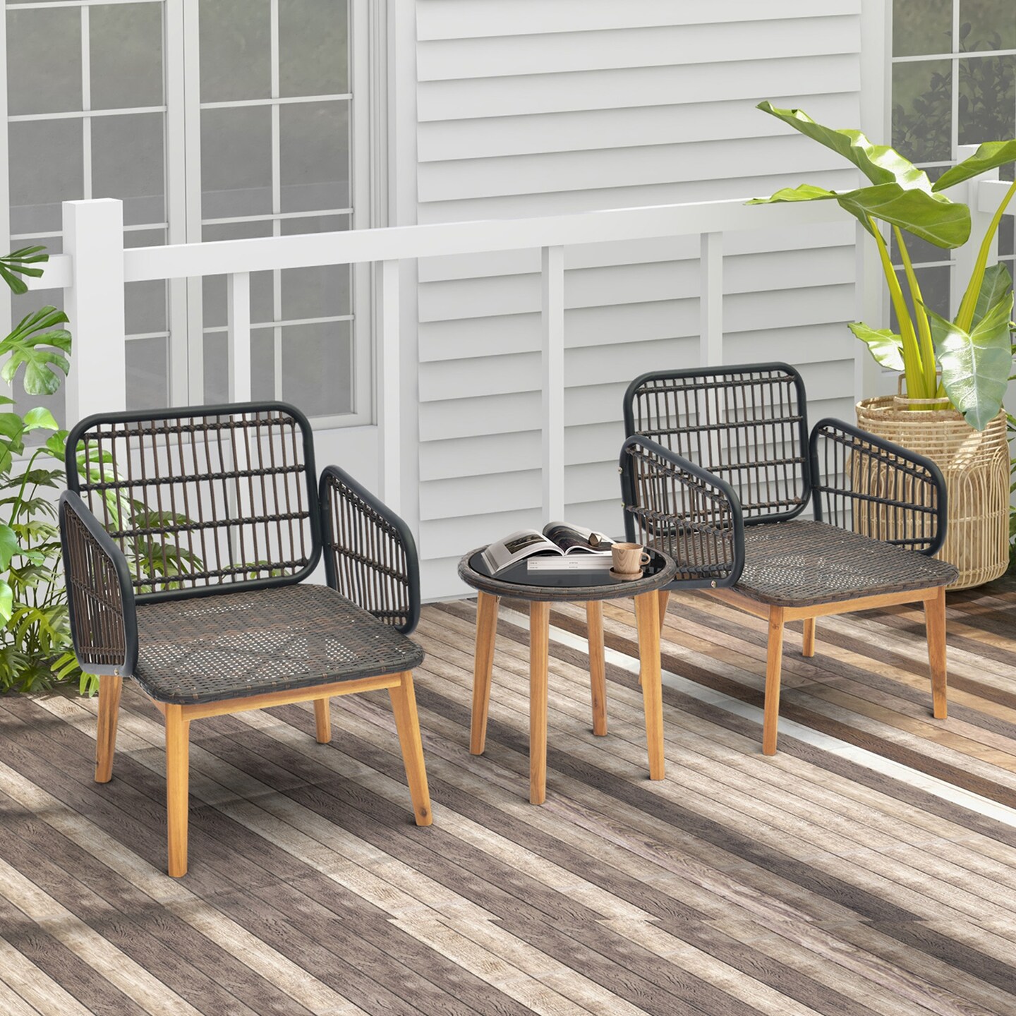 Costway 3 PCS Patio Furniture Set with Cushioned Chairs and Tempered Glass Side Table