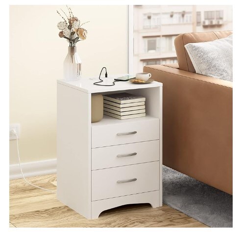 Bedside Tables for Bedroom with USB Ports Outlet &#x26; Open Storage, White Nightstand with Charging Station, Contemporary End Side Table with Three Drawers, Wooden Cabinet Stand by Sofa