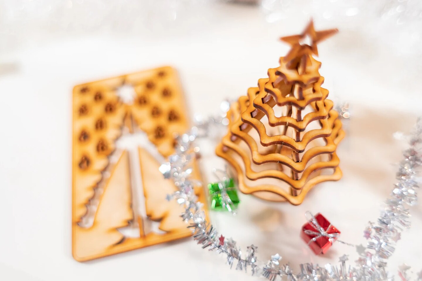 Christmas Tree Kit. Miniature Wooden desktop tree made from a single punch card. 3D puzzle for the home or office. Decoration contest, too!