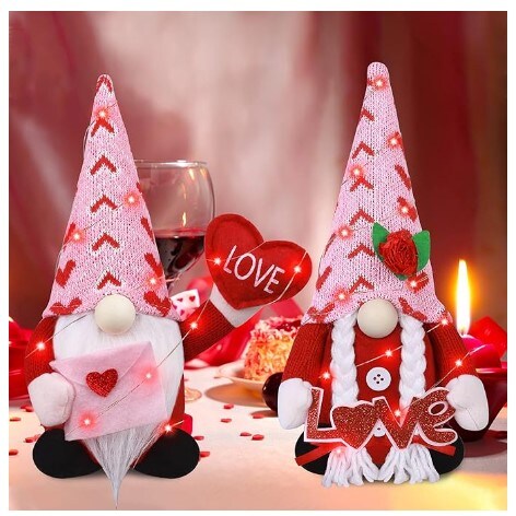 Mrs Heart Gnomes Plush with LED Light String (3 Flashing Modes) for Valentine&#x27;s Day Decoration