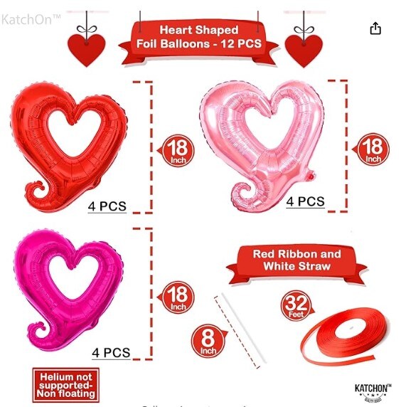 Pack of 12 Heart Shaped Balloons for Valentine's Day Decorations