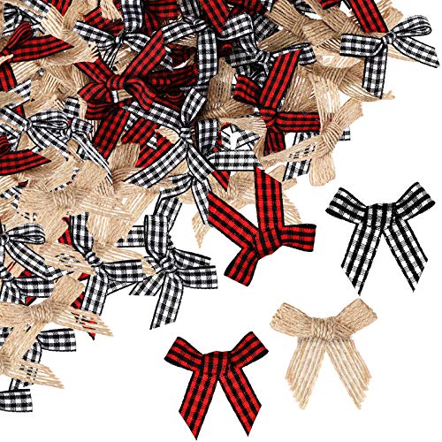 WILLBOND 60 Pieces Small Christmas Buffalo Plaid Bows Black Red White Mini Burlap Gingham Craft Ribbon Bow Flowers Appliques for Sewing Xmas Tree Home Decoration Gift DIY Making