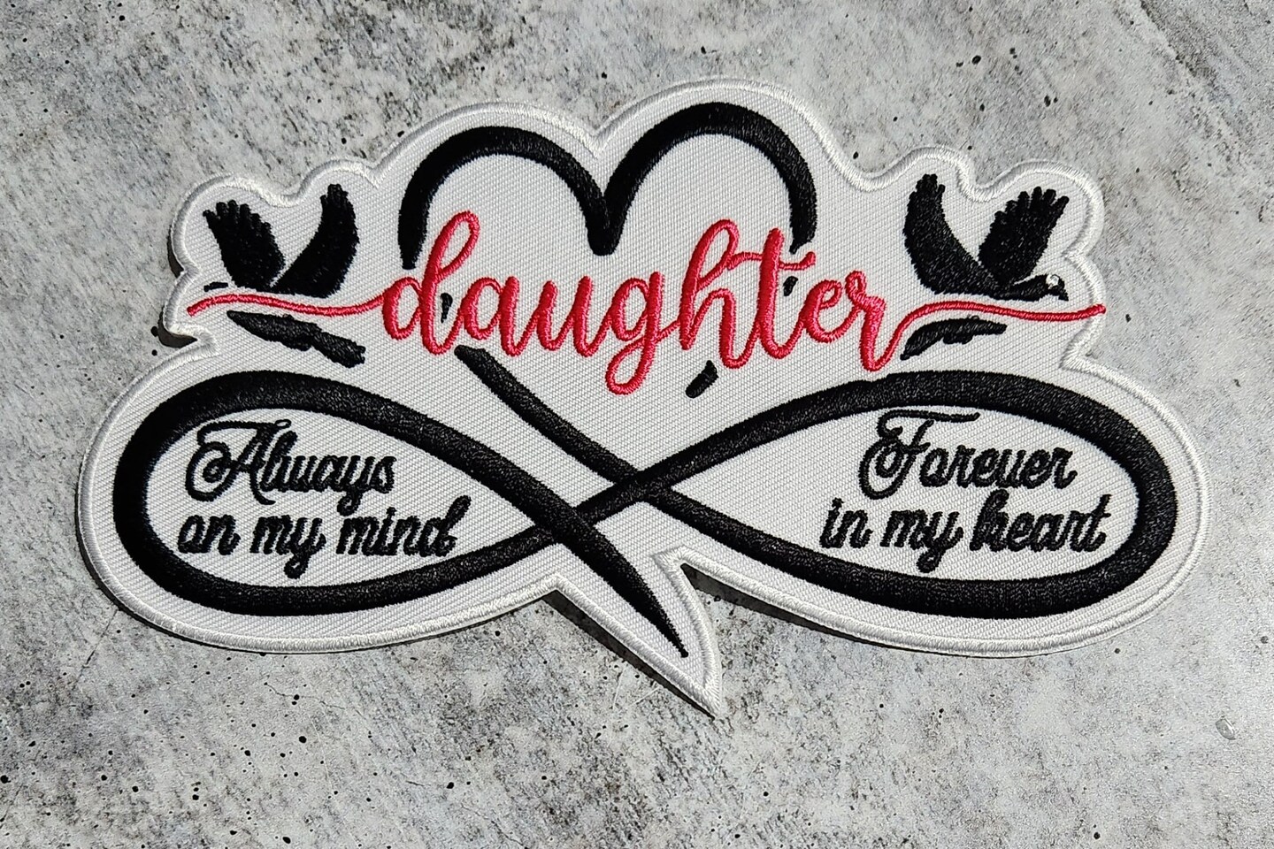 Memorial Infinity Collection: Patch Party Club, &#x22;DAUGHTER&#x22; Eternal Remembrance 1-pc, Iron-On Embroidered Patch, Sz 6&#x22;, Tribute Honor