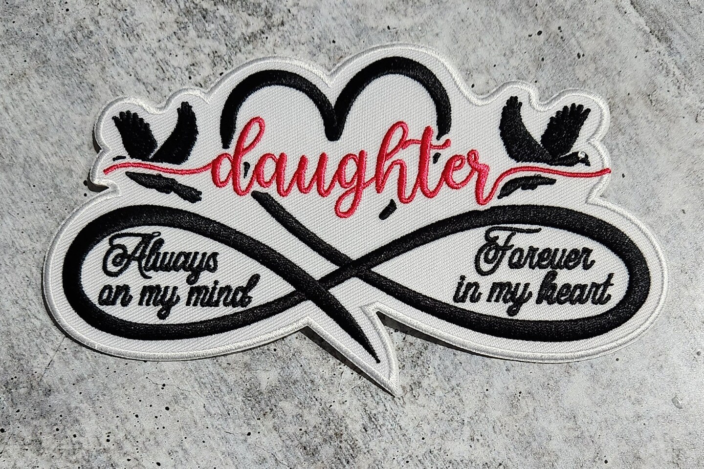 Memorial Infinity Collection: Patch Party Club, "DAUGHTER" Eternal Remembrance 1-pc, Iron-On Embroidered Patch, Sz 6", Tribute Honor