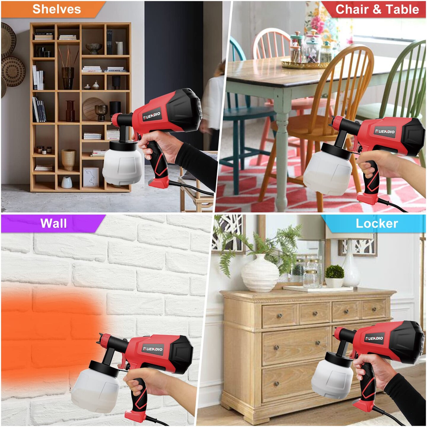 BUENDIO Paint Sprayer, 700W High Power, 5 Copper Nozzles &#x26; 3 Patterns, Easy to Clean, HVLP Spray Gun for Furniture, Cabinets, Fence, Garden Chairs, Walls, DIY Works etc. TPX01 Red