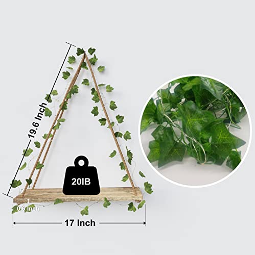 RICHER HOUSE Artificial Ivy LED-Strip Wall Hanging Shelves Set of 2, Macrame Shelf for Bedroom Bathroom Living Room Kitchen, Wood Hanging Plant Shelves for Wall D&#xE9;cor