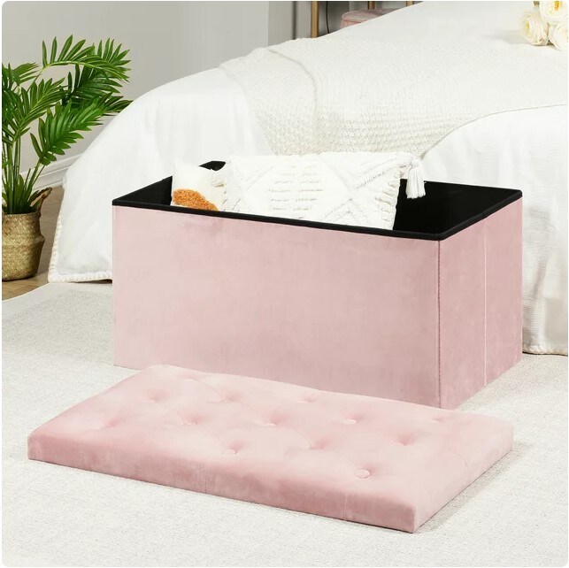 30" & 15" Collapsible Ottoman Bench,Velvet Pink Storage, Girls Toy Chest, Foot Stool Rest Seat, Pack of 2