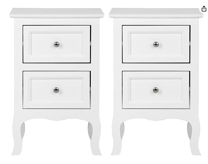 Set of two white nightstands. Farmhouse end side table chest with two drawers for bedroom, living room, or office.