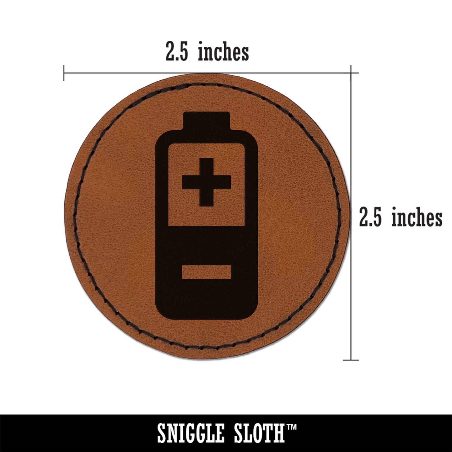 Battery Icon Round Iron-On Engraved Faux Leather Patch Applique - 2.5&#x22;